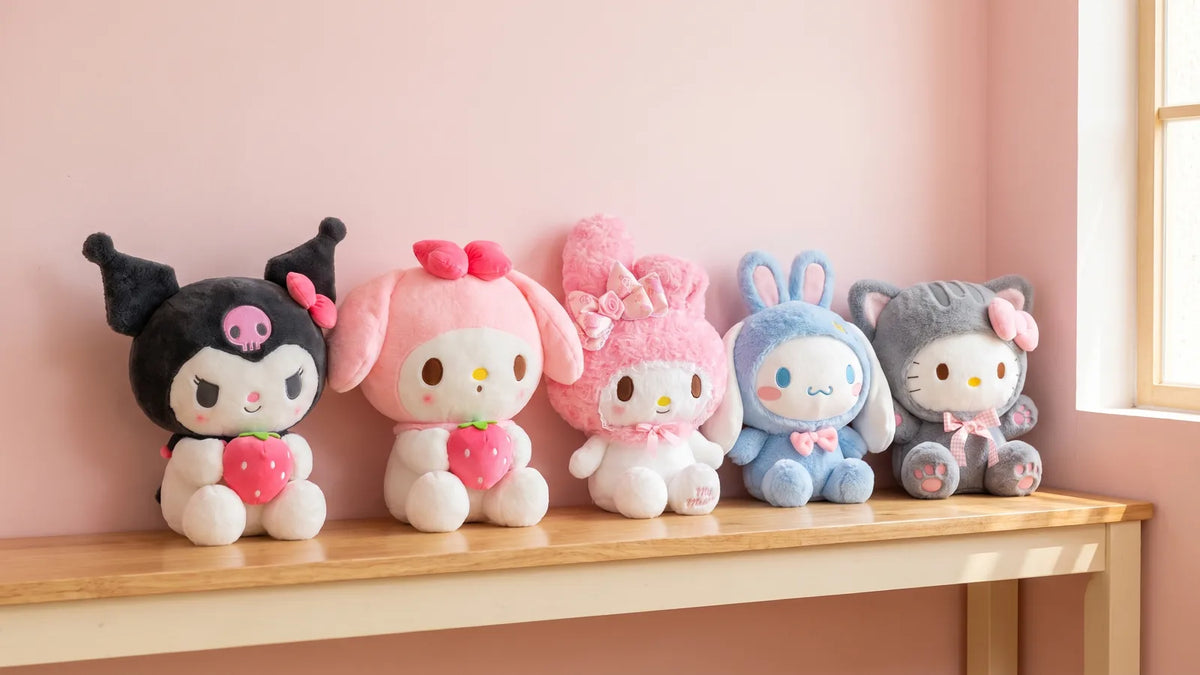 Peluches Kuromi, My Melody, Cinnamoroll et Hello Kitty alignées sur une étagère