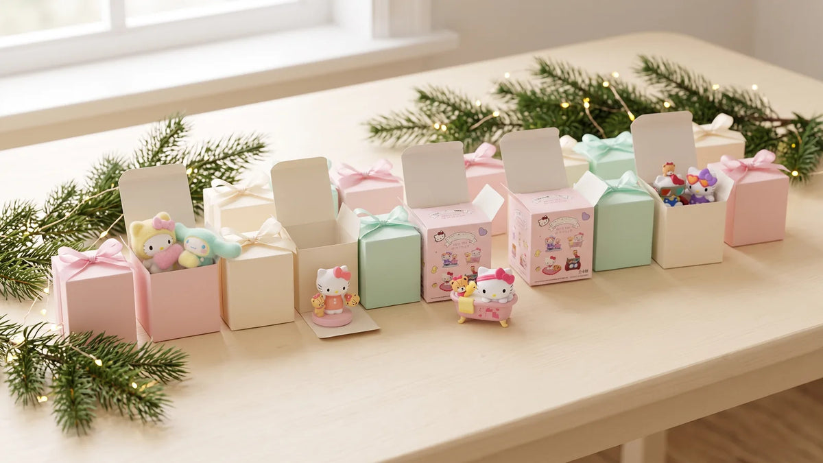 Petites boîtes pastel ouvertes révélant des figurines Hello Kitty, branches de sapin