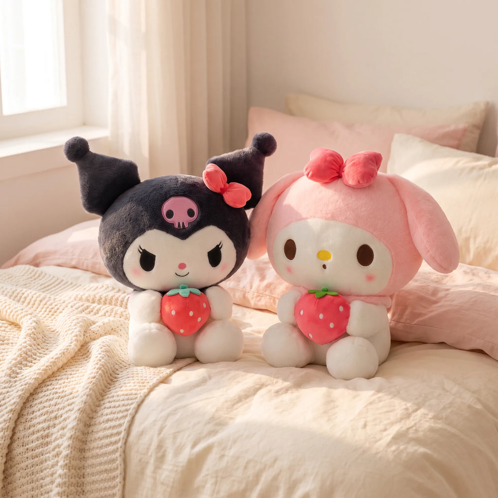 Peluche fraise Kuromi, My Melody ou Cinnamoroll 25 cm, en situation