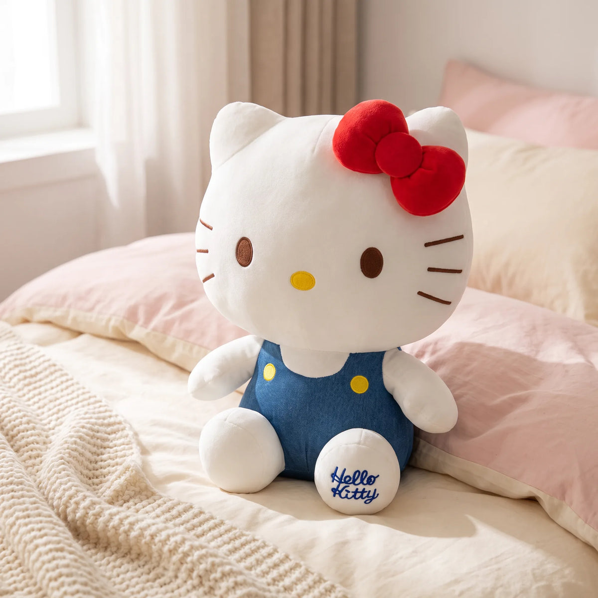 Peluche Hello Kitty 25 cm salopette colorée, en situation