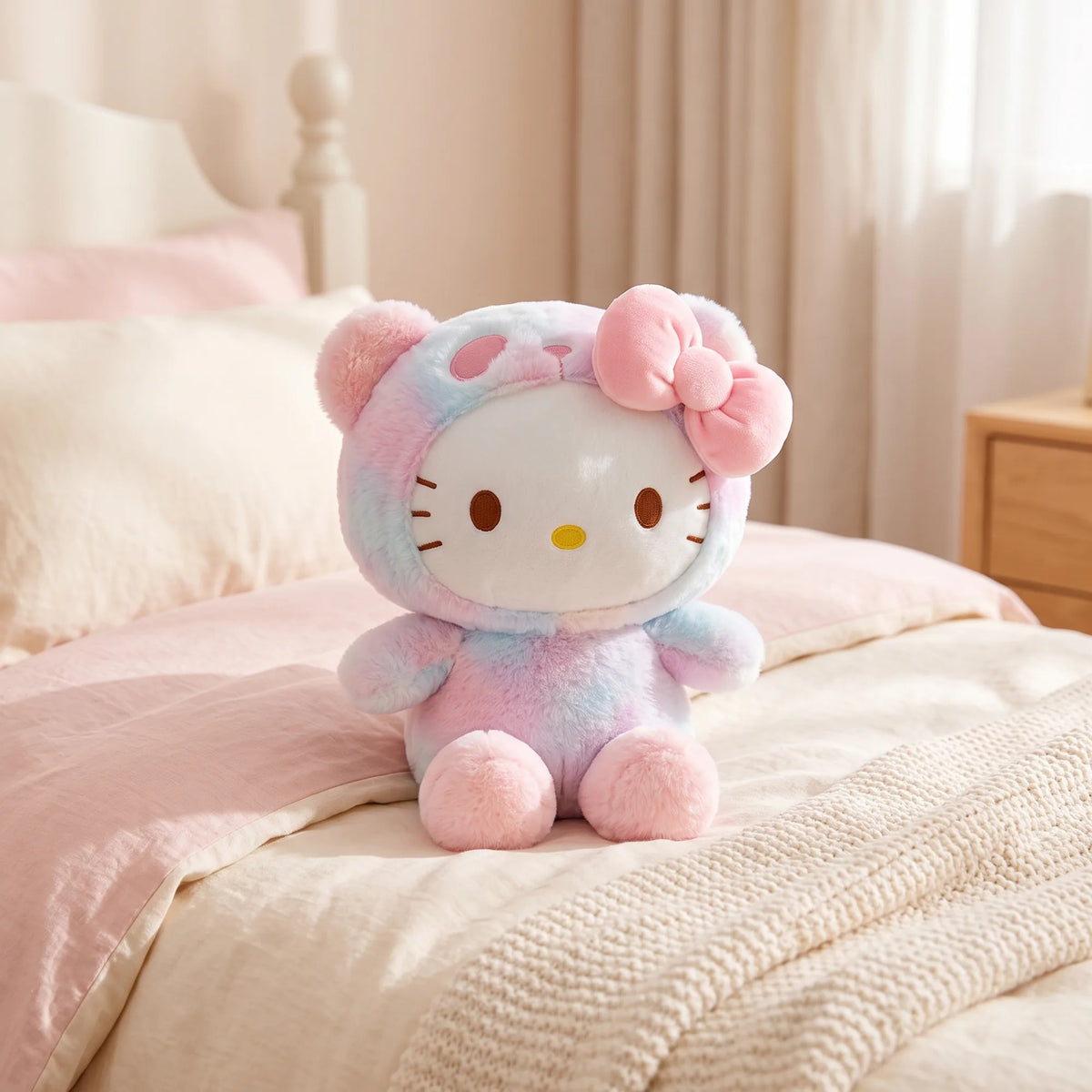 Peluche tie-dye déguisée en ourson Sanrio Characters 25 cm, en situation