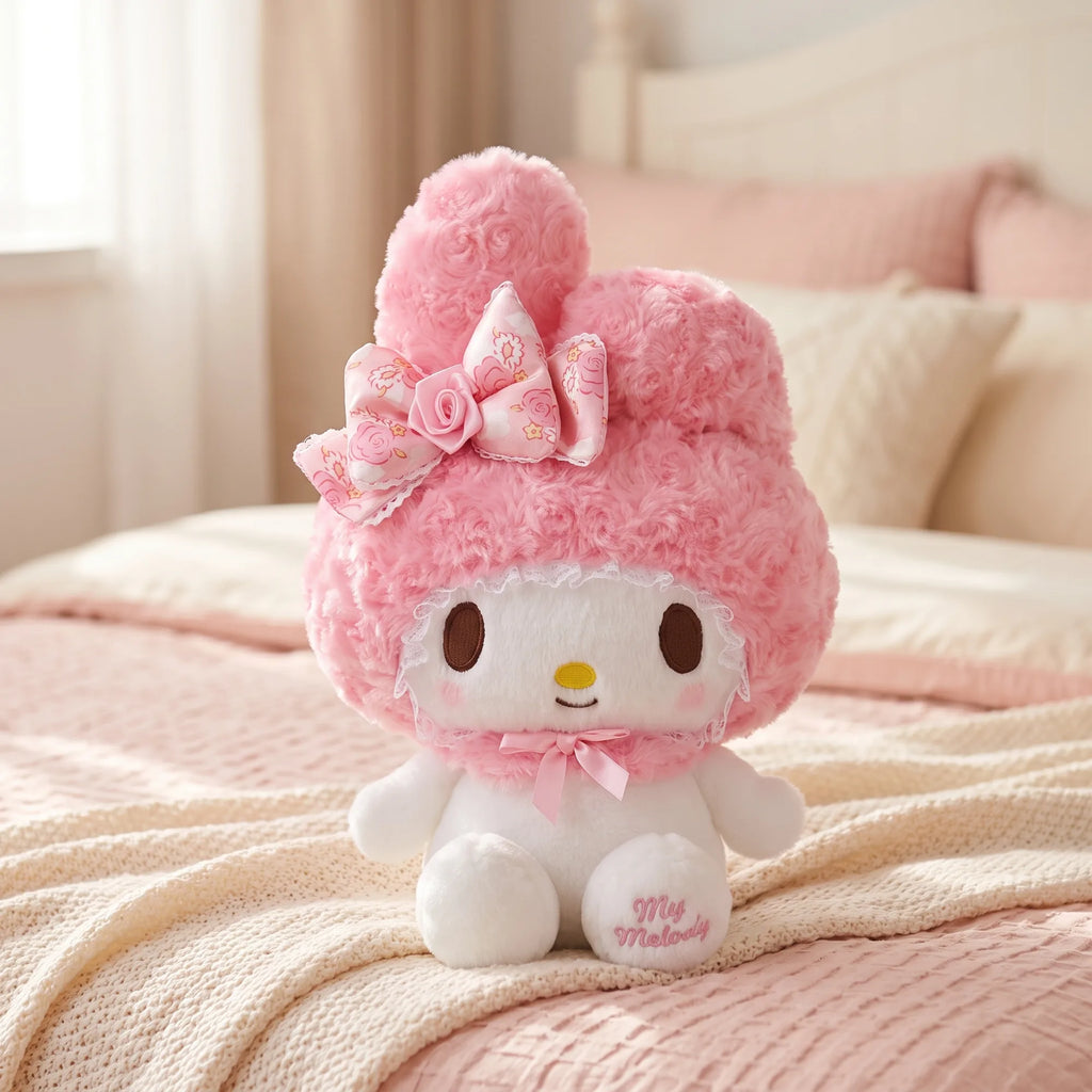 Peluche série Rose My Melody 30 cm ou Hello Kitty 25 cm, en situation