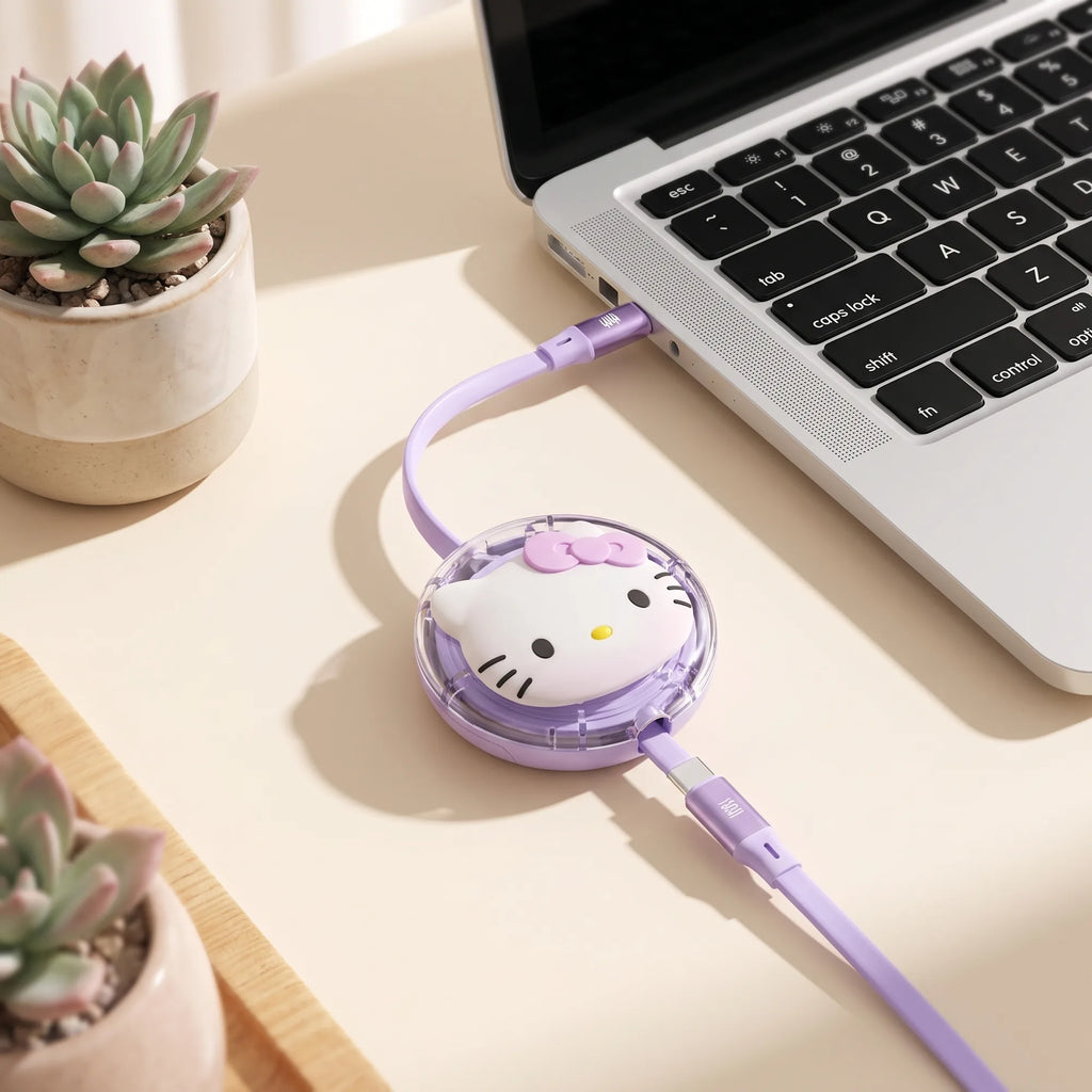 Câble USB-C rétractable 100 W Hello Kitty, en situation