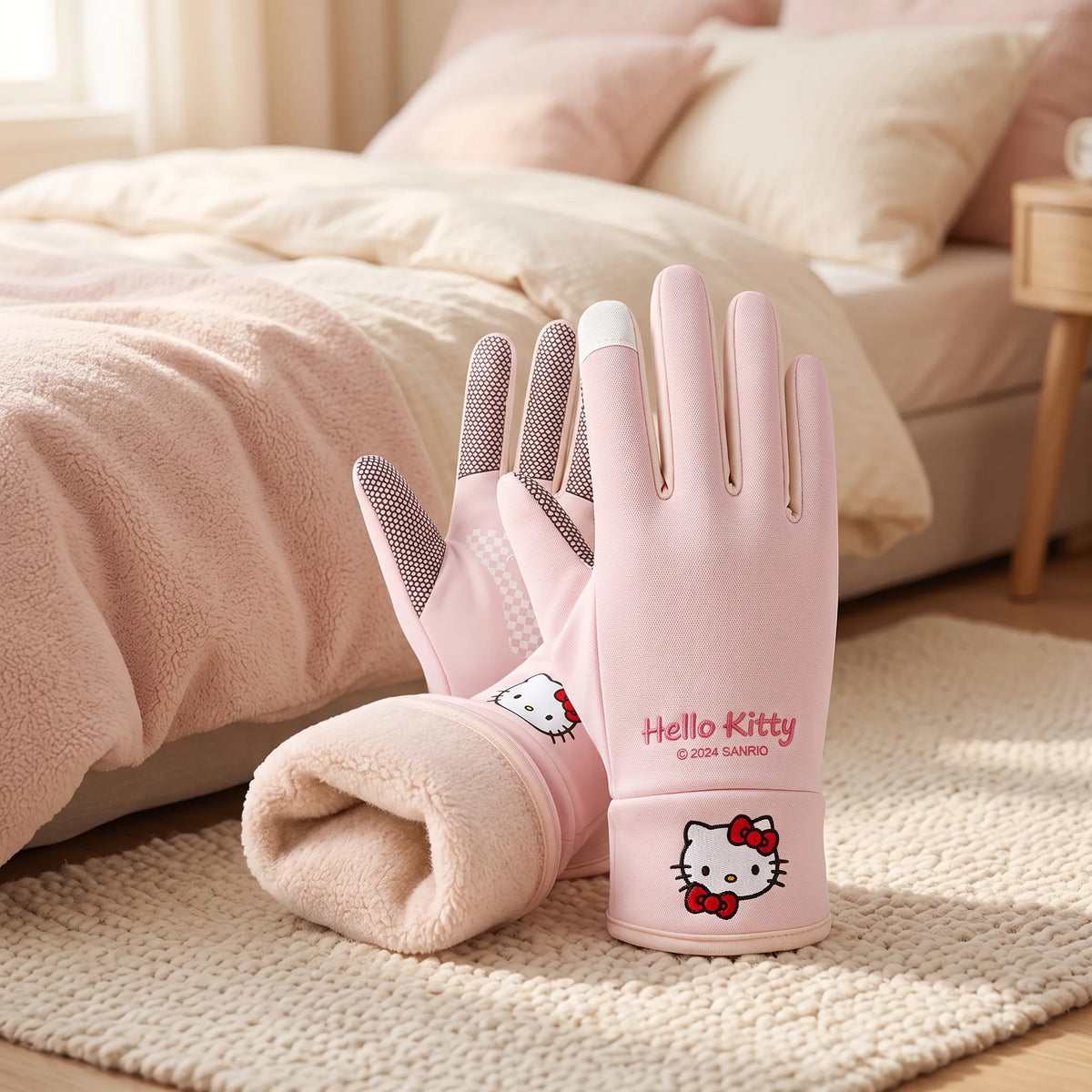 Gants tactiles doublés polaire Hello Kitty, en situation