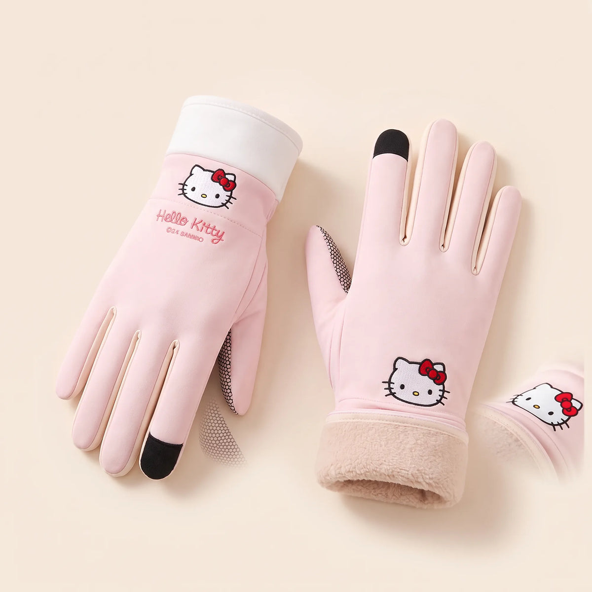 Gants tactiles doublés polaire Hello Kitty, vue studio
