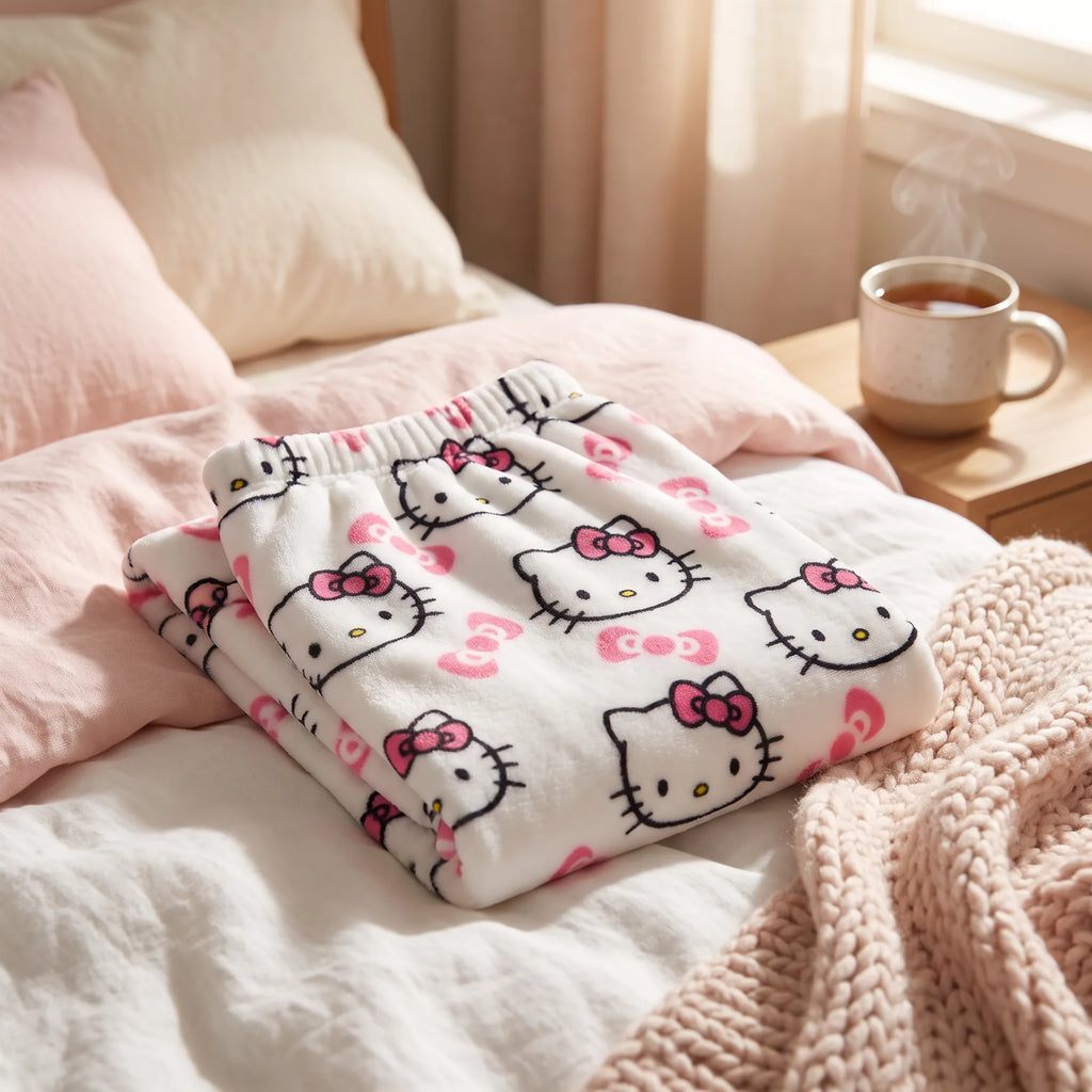 Pantalon de pyjama Hello Kitty en polaire corail, en situation