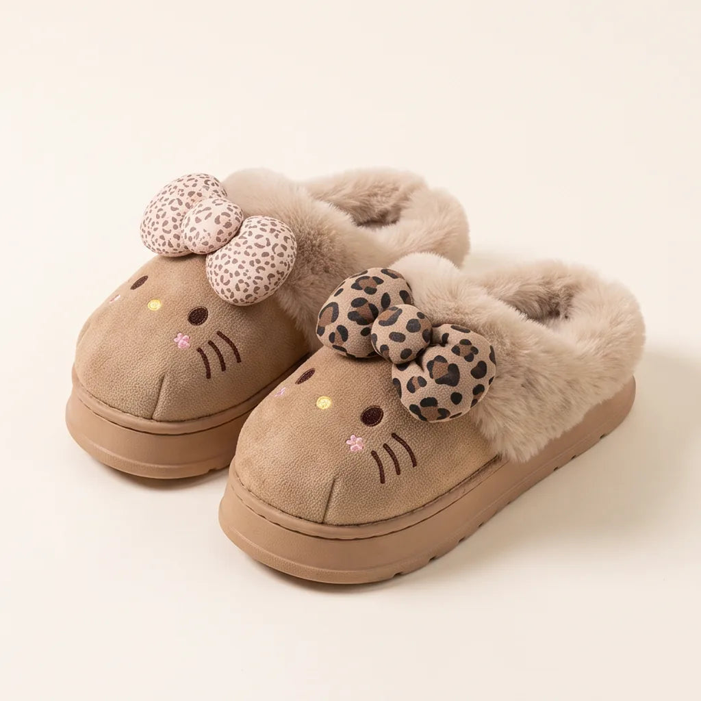 Chaussons Hello Kitty fourrés à nœud léopard — Café clair