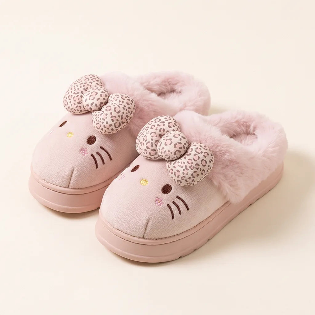 Chaussons Hello Kitty fourrés à nœud léopard — Rose clair