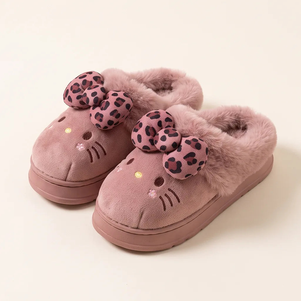 Chaussons Hello Kitty fourrés à nœud léopard — Rose