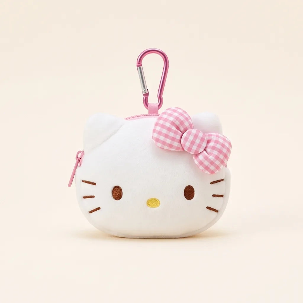 Porte-monnaie peluche à mousqueton Kuromi, Hello Kitty, Cinnamoroll — Hello Kitty nœud vichy