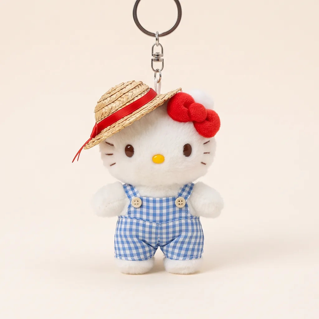 Porte-clés peluche Hello Kitty en tenue — Chapeau de paille et salopette