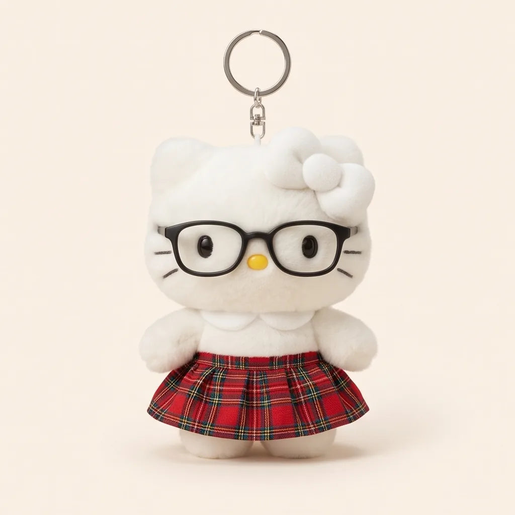 Porte-clés peluche Hello Kitty en tenue — Lunettes et jupe écossaise