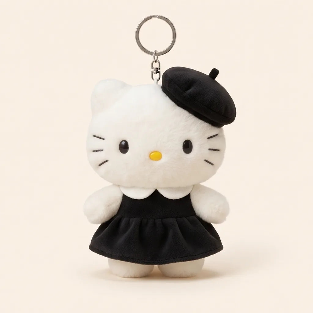 Porte-clés peluche Hello Kitty en tenue — Casquette et robe noire