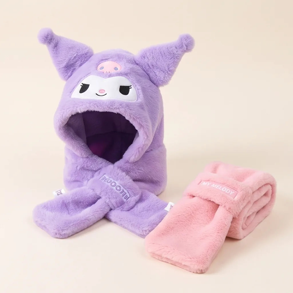 Bonnet-écharpe en peluche Kuromi, Cinnamoroll ou My Melody — Kuromi